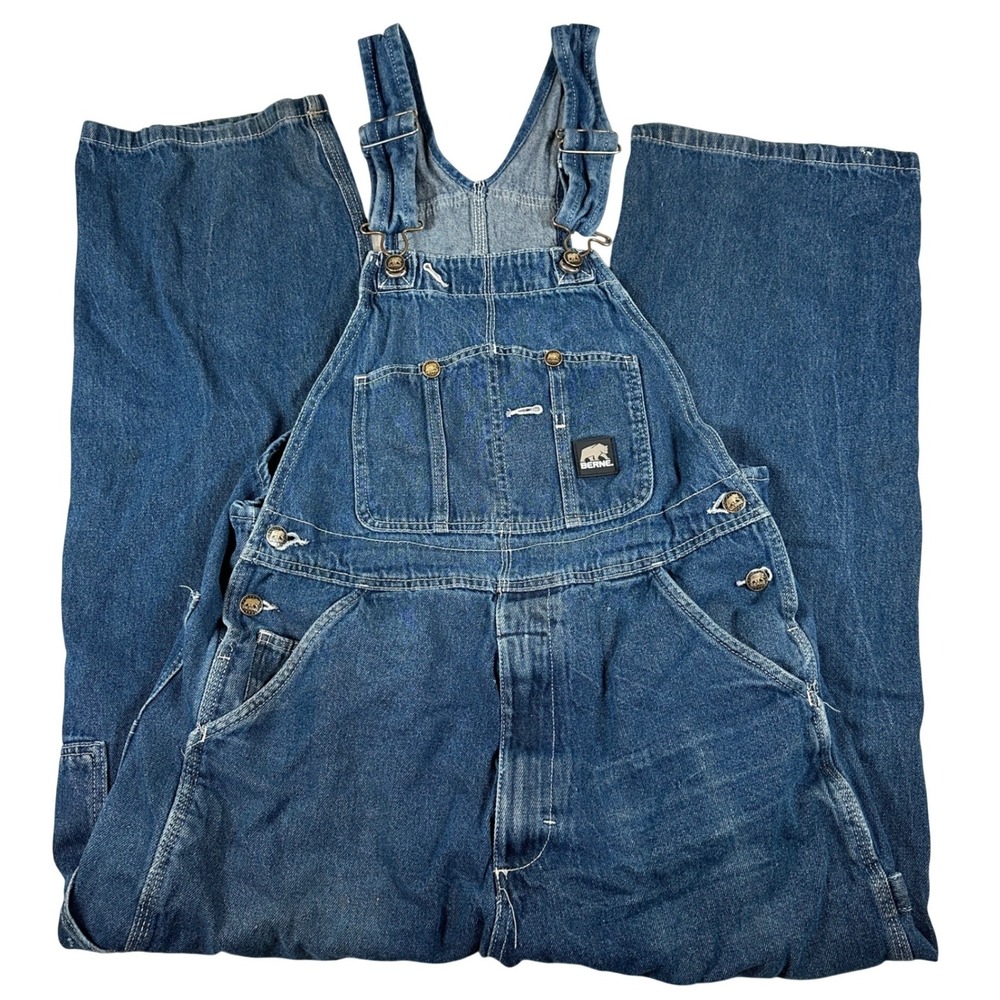 Berne Mens Denim Bib Overalls Blue Carpenter Workwear Pants 36x32
